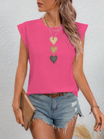 Maglietta estiva casual e semplice con collo a giro e motivo a cuore per donne, Love Love Love