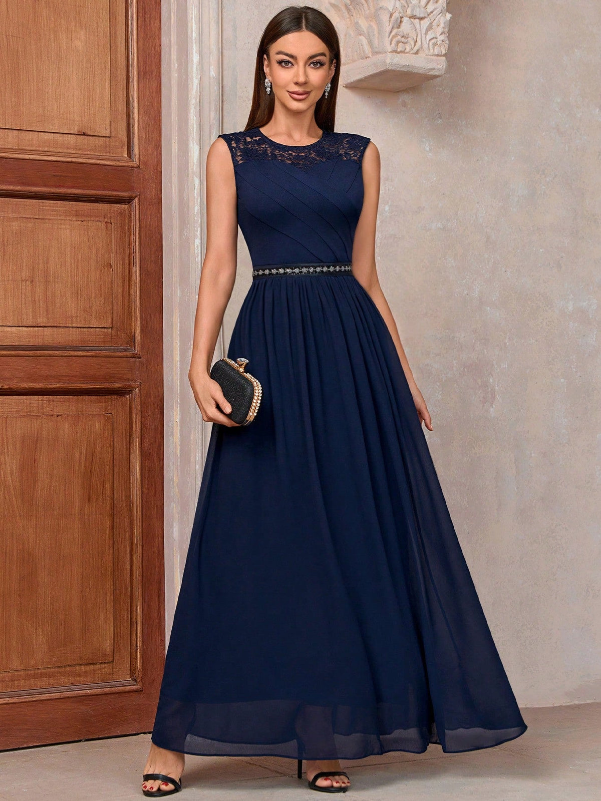 Abito Lungo Formale Da Festa In Chiffon Con Pizzo A Contrasto In Vita, Drappeggio Ruched E Lustrini