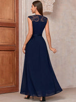 Abito Lungo Formale Da Festa In Chiffon Con Pizzo A Contrasto In Vita, Drappeggio Ruched E Lustrini