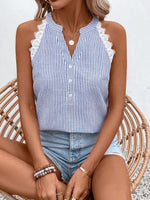 Blusa senza maniche a righe, con collo a halter di pizzo e taglio per le vacanze