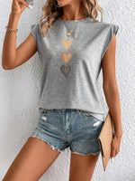 Maglietta estiva casual e semplice con collo a giro e motivo a cuore per donne, Love Love Love
