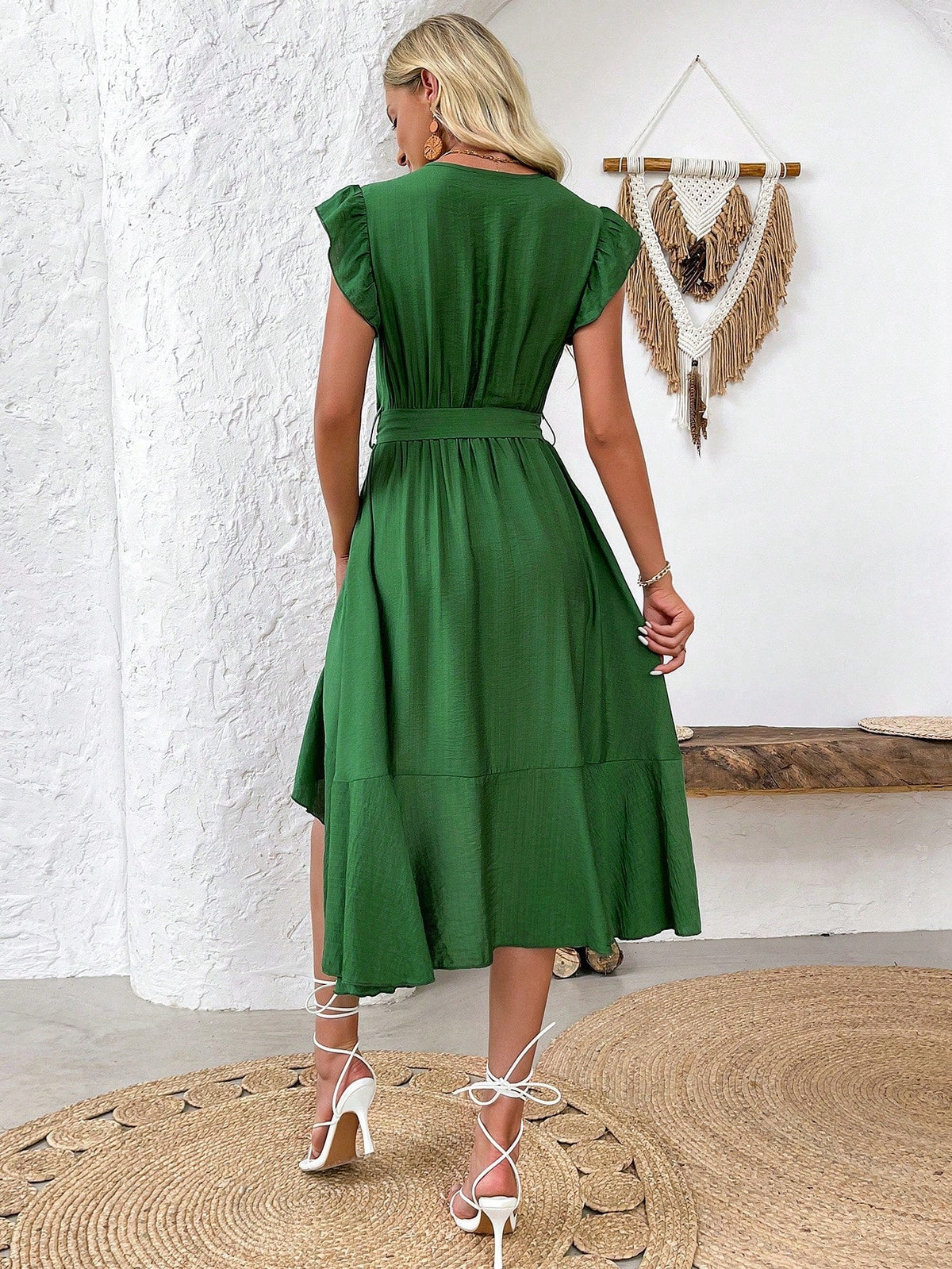 Abito estivo donna dalla moda estiva a righe e stampato, sovrapposto con scollo a V a manica corta a cappuccio e orlo asimmetrico