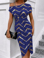 Vestito Donna Con Stampa A Spina Di Pesce, Collo Asimmetrico Con Twist E Avvolgimento