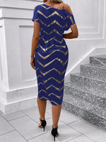 Vestito Donna Con Stampa A Spina Di Pesce, Collo Asimmetrico Con Twist E Avvolgimento