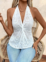 Top serbatoio ricamato vuoto con design a nodo avvolto intorno al collo a halter e tinta unita per donne