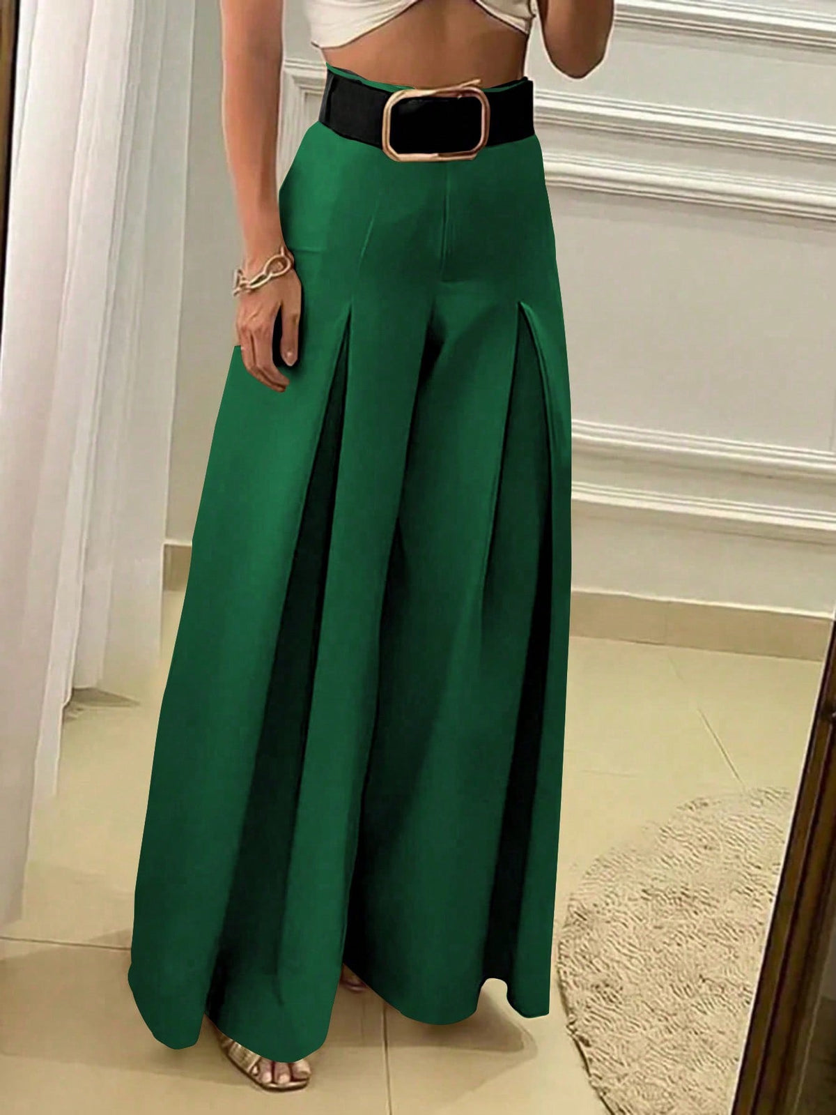 Pantaloni Casual Eleganti A Gamba Larga Di Colore Tinta Unita Da Donna