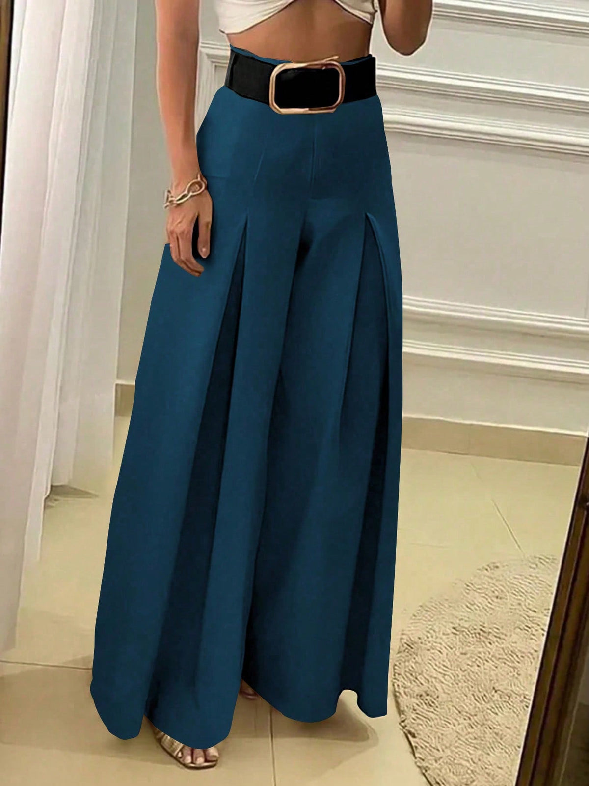 Pantaloni Casual Eleganti A Gamba Larga Di Colore Tinta Unita Da Donna