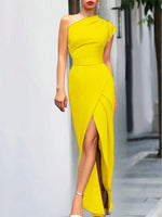 Abito Moda Donna A Spalla Singola, Slim Fit, Tinta Unita