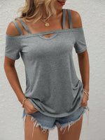 Maglietta casual estiva con spalle scoperte, maniche corte e colore solido per donne