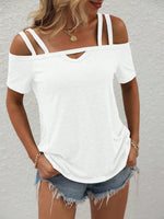 Maglietta casual estiva con spalle scoperte, maniche corte e colore solido per donne
