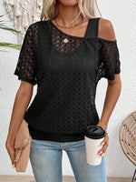 Maglietta estiva trasparente ampia in pizzo con scollatura asimmetrica per signore