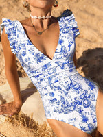 Costume intero monocolore con bordo a volant con collo a V profondo con schiena scoperta