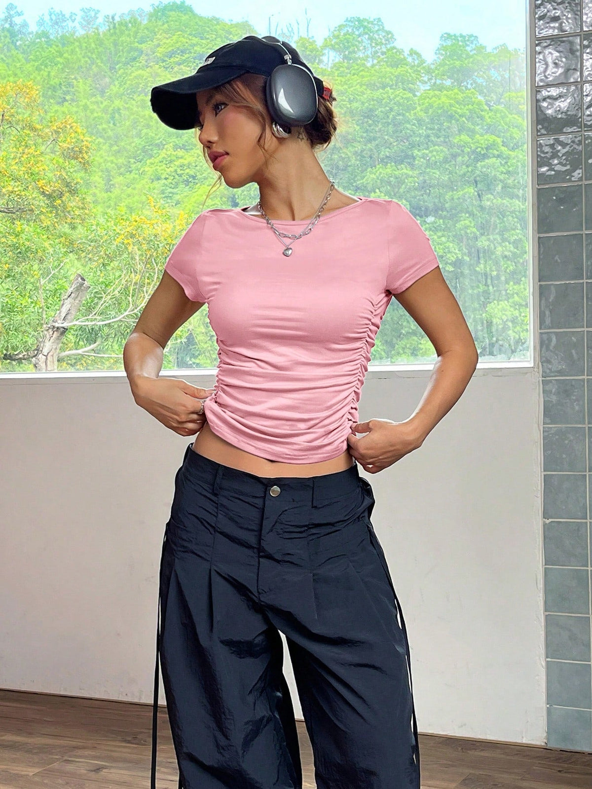 T-shirt A Maniche Corte Con Pieghe Aderente