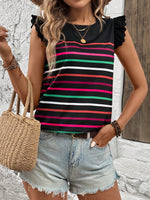 Maglietta casual estiva da donna con manica a cappuccio e stampa a righe colorate a collo rotondo