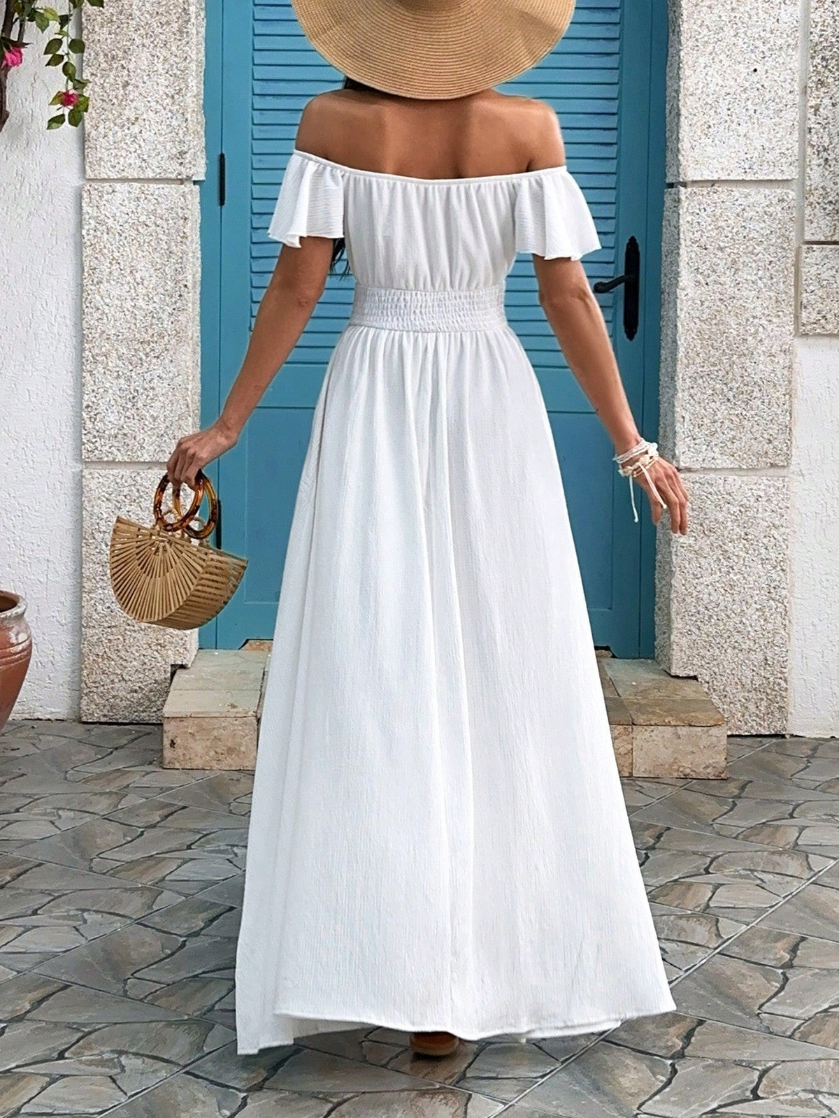 Abito da donna con maniche farfalla e scollo a cuore, vita aderente con orlo svolazzante, romantico per le vacanze