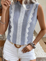 Blusa senza maniche a collo tondo in pizzo a righe patchwork