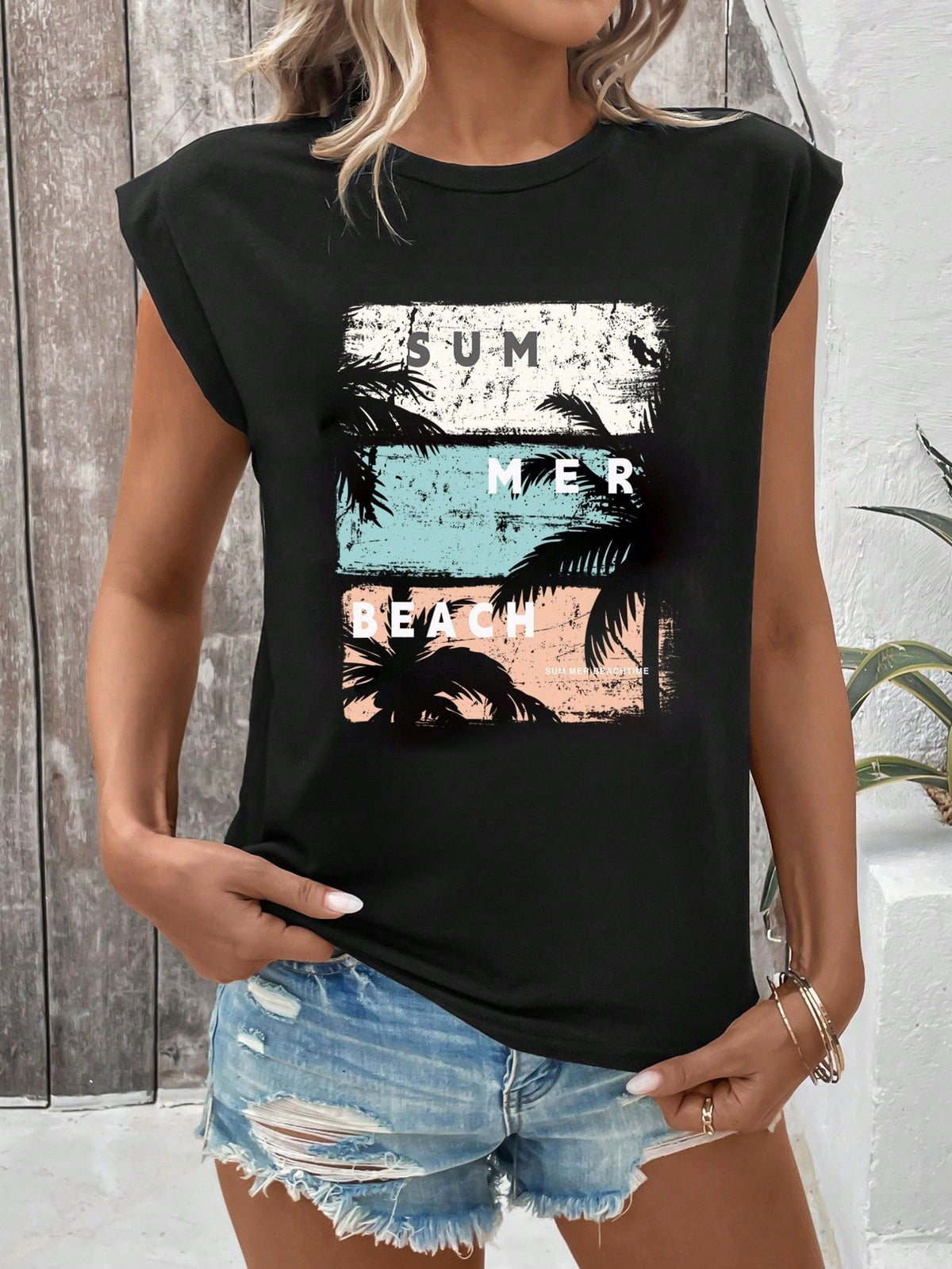 Maglietta casual senza maniche a collo rotondo con stampa paesaggistica