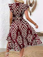 Abito estivo donna dalla moda estiva a righe e stampato, sovrapposto con scollo a V a manica corta a cappuccio e orlo asimmetrico