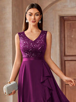 Vestito svasato da cocktail party in chiffon con inserti di paillettes e rifiniture a balze