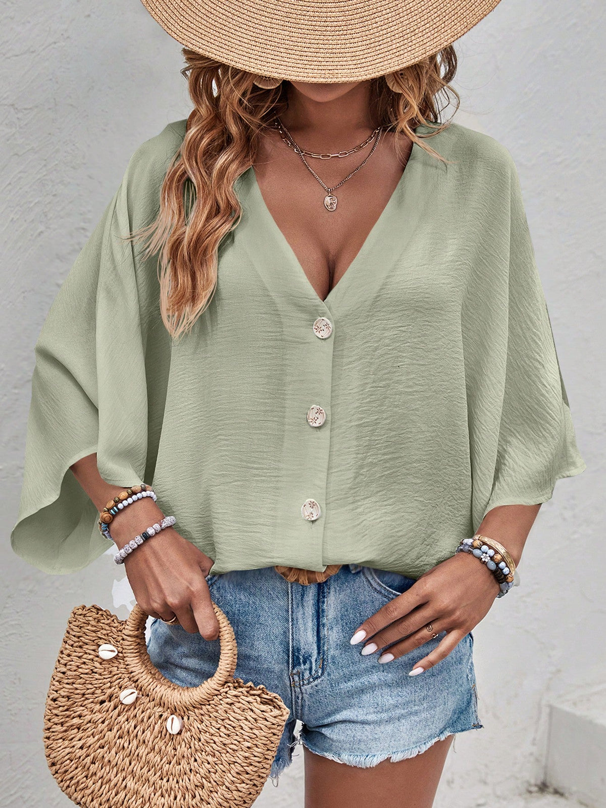 Camicia Casual Con Bottoni Frontali E Collo In Tessuto Testurizzato