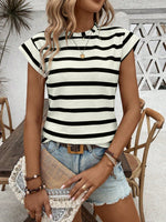 Maglietta casual estiva da donna a righe stampate con girocollo e maniche corte