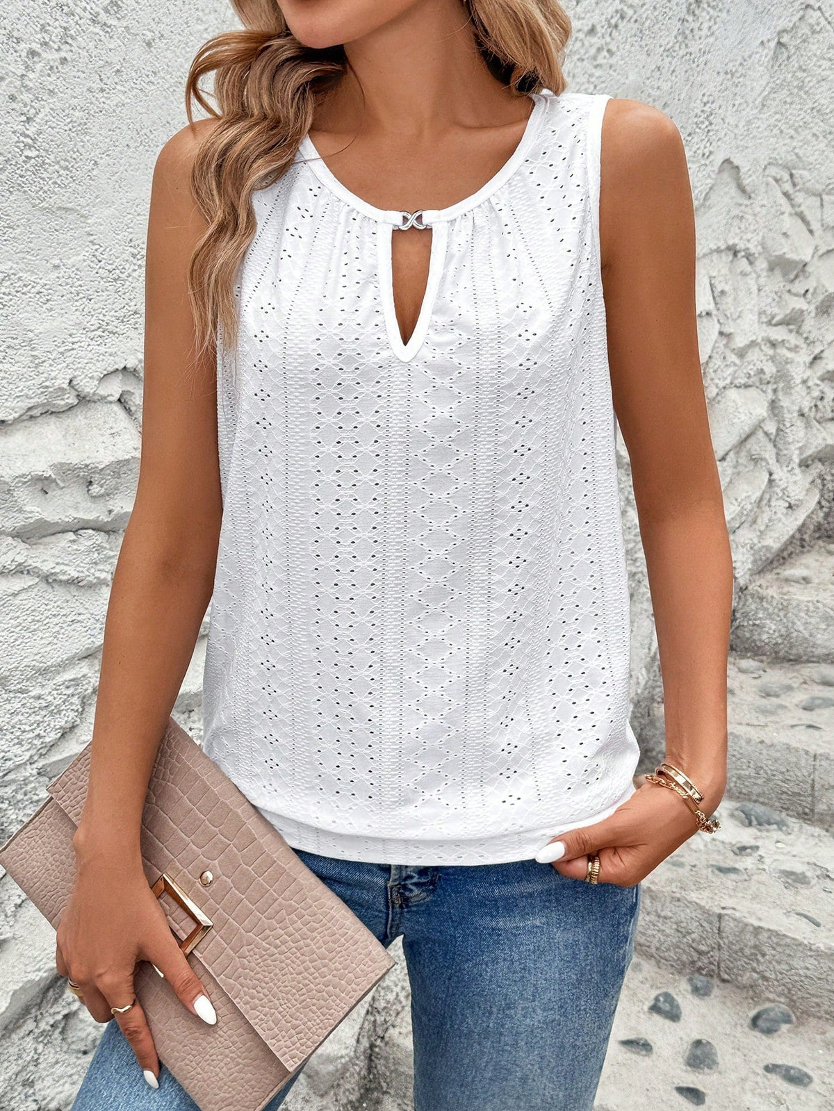 Canotta senza maniche con ricamo floreale bruciato e scollo a chiave per donne, estate