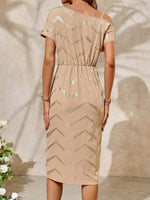 Vestito Donna Con Stampa A Spina Di Pesce, Collo Asimmetrico Con Twist E Avvolgimento