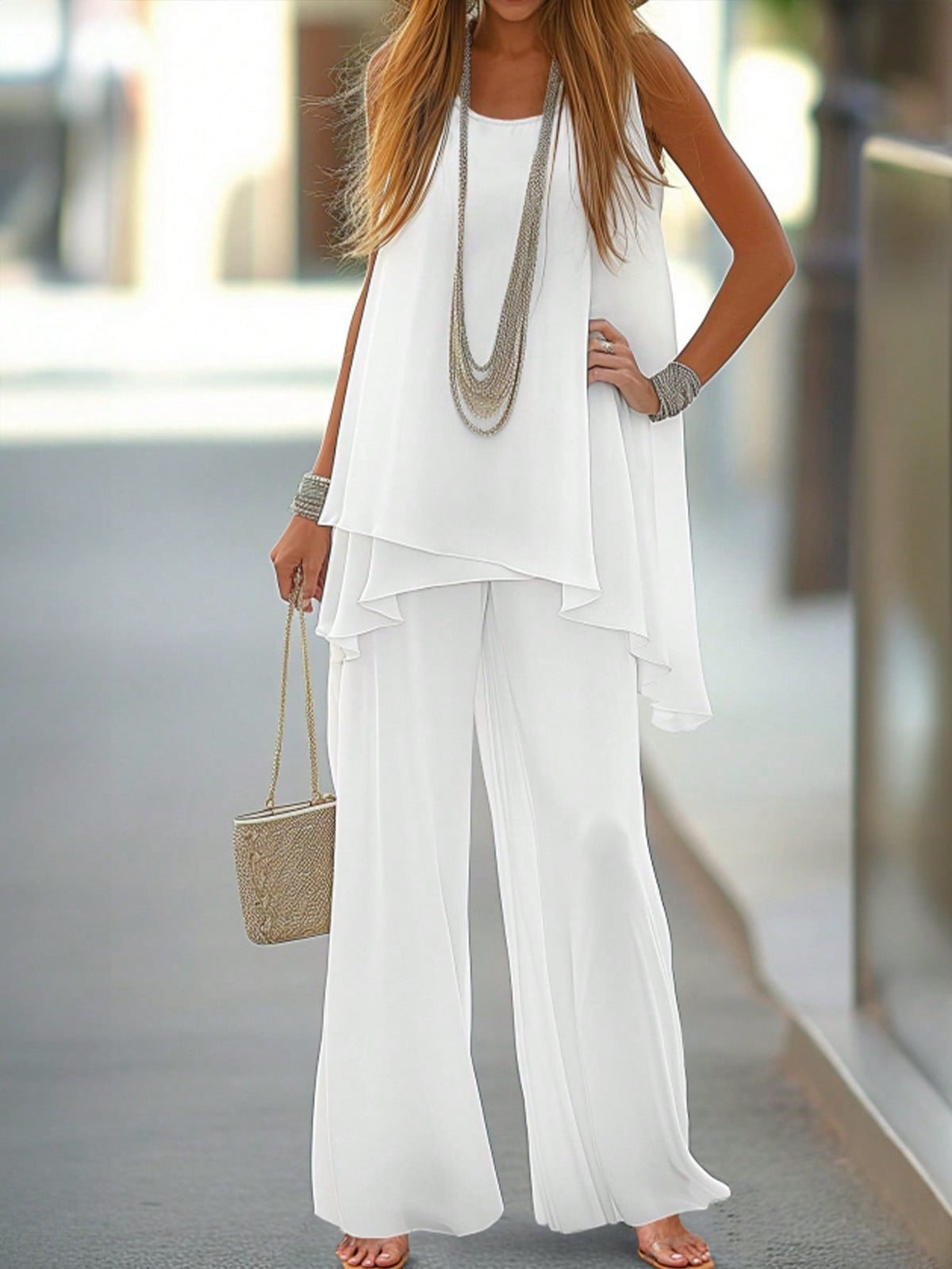 Set 2 pezzi semplice da donna con top senza maniche di colore unito e pantaloni lunghi