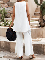 Set 2 pezzi semplice da donna con top senza maniche di colore unito e pantaloni lunghi