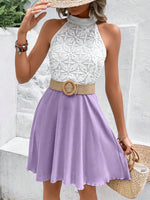 Elegante vestito a collo Halter in pizzo a colori contrastanti con patchwork per le vacanze