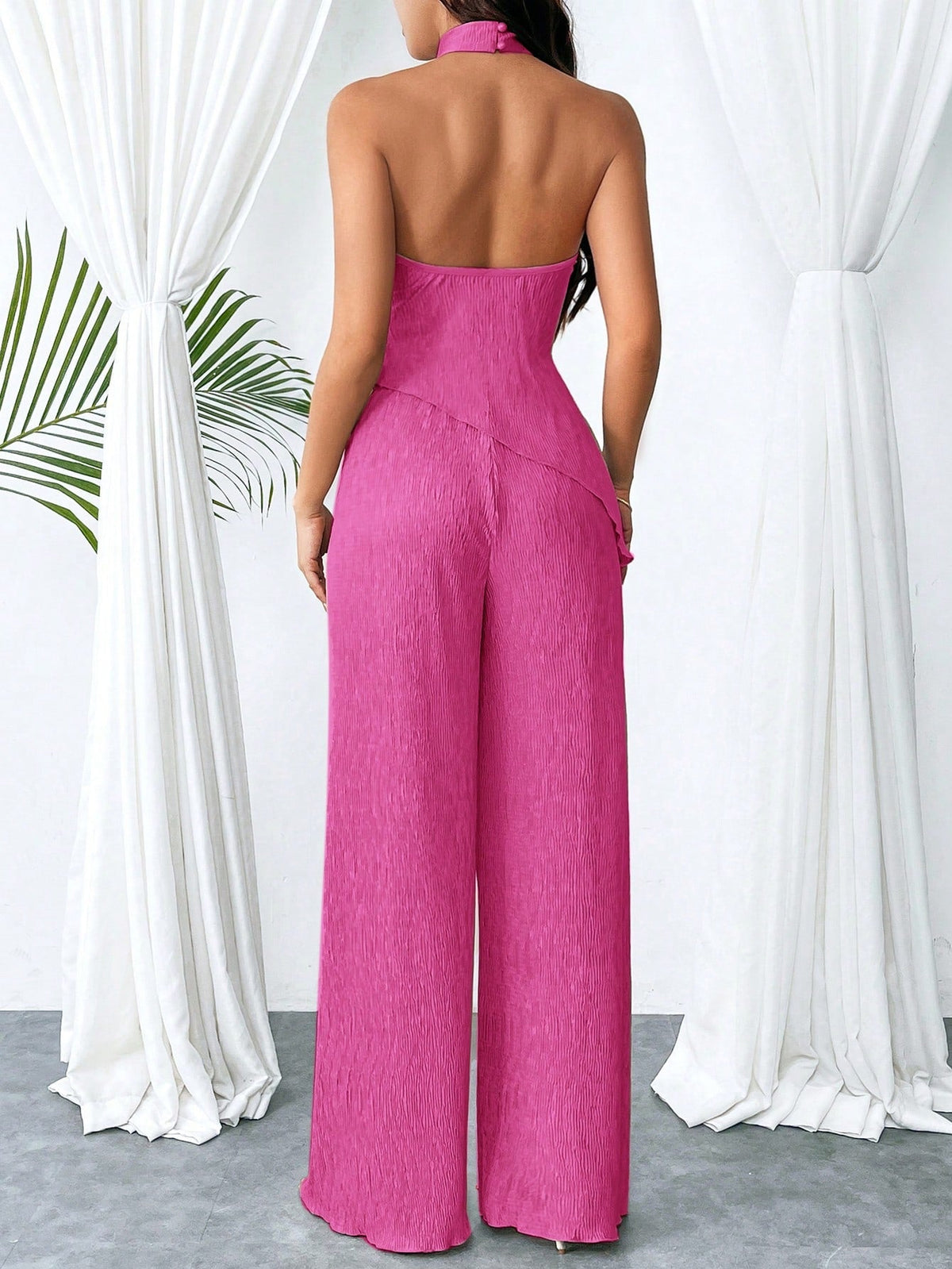 Set di pantaloni a gamba larga e camicetta halter kaki con orlo irregolare plissettato e schiena scoperta