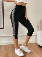 Leggings alla moda da donna con bordi divisi e patchwork con scintillio casuale