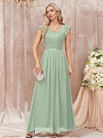 Abito da sera lungo elegante con scollo a V di pizzo, maniche a volant a balze