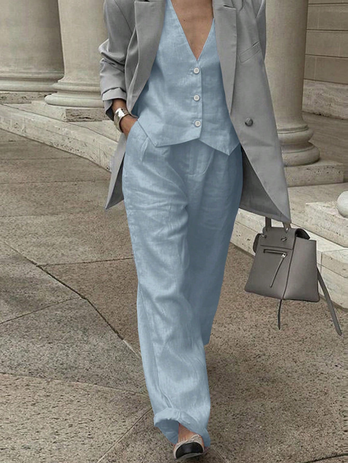 Set Due Pezzi Estivi Casual Da Donna Con Canotta Tinta Unita E Pantaloni Lunghi