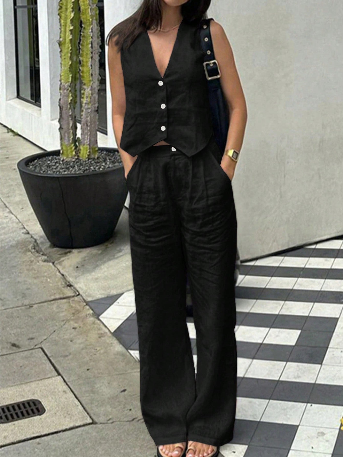 Set Due Pezzi Estivi Casual Da Donna Con Canotta Tinta Unita E Pantaloni Lunghi