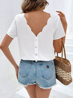 Blusa da donna con bordo a guscio e scollatura posteriore scoperta, top in lino e cotone per l'estate