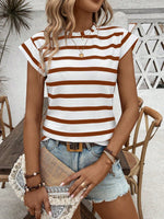 Maglietta casual estiva da donna a righe stampate con girocollo e maniche corte