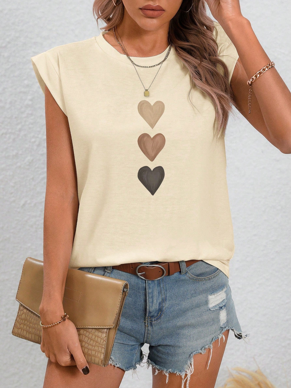 Maglietta estiva casual e semplice con collo a giro e motivo a cuore per donne, Love Love Love