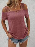 Maglietta casual estiva con spalle scoperte, maniche corte e colore solido per donne