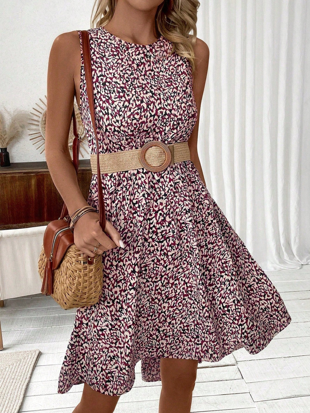 Abito Senza Maniche Con Stampa Completa Per Donna Senza Cintura Alla Vita