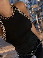 Top senza maniche casual estivo da donna con stampa leopardata a toppa e scollo tondo