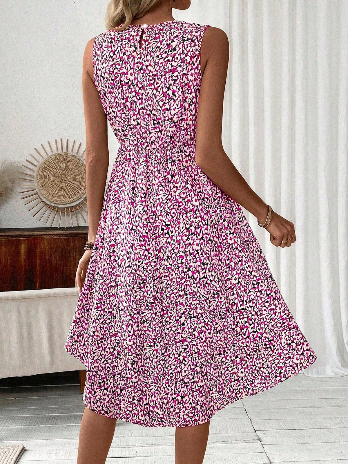 Abito Senza Maniche Con Stampa Completa Per Donna Senza Cintura Alla Vita