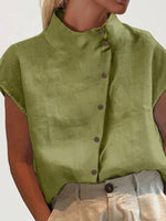 Camicia da donna a manica corta con colletto alla mandarina e bottoni diagonali per l"estate