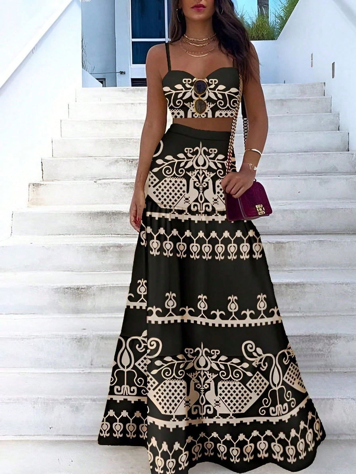 Set di due pezzi con abito a spaghetti con stampa vintage per le vacanze estive