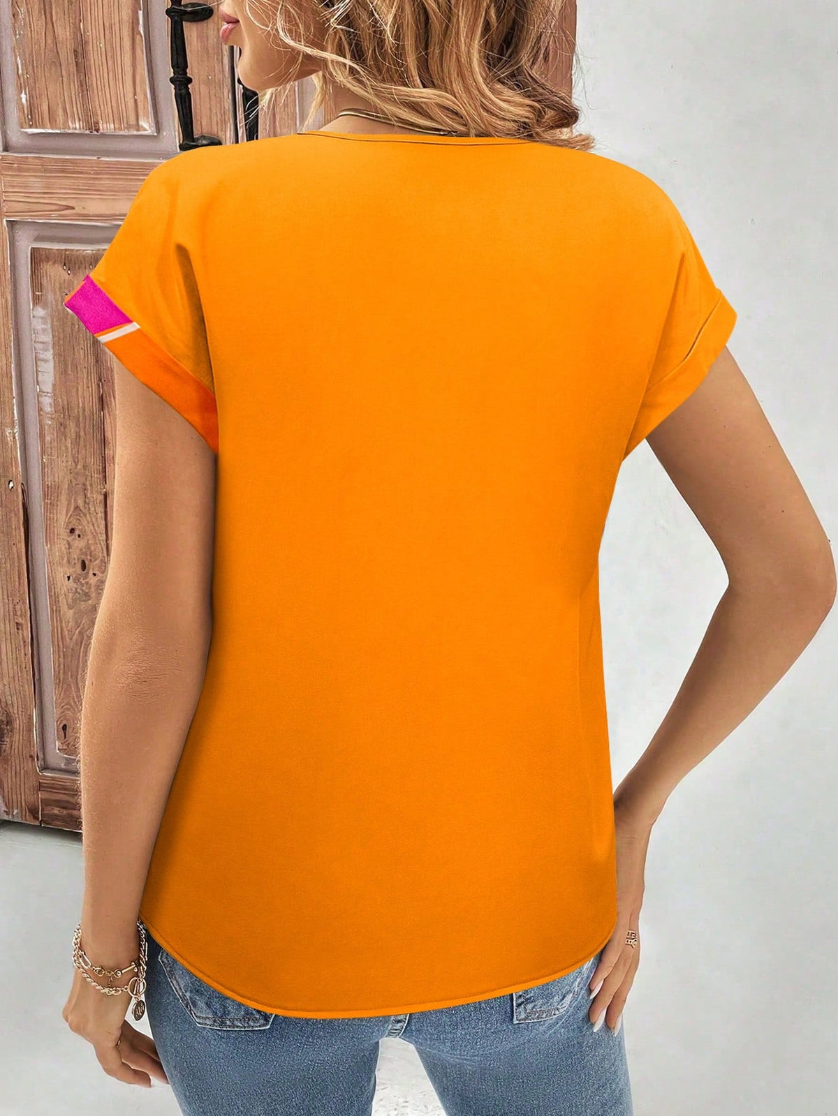 Camicia Casual Da Donna A Maniche Corte Con Collo A V, Design A Bottoni E Stampa Di Giunzione