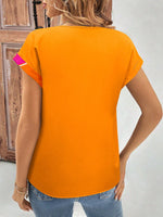 Camicia Casual Da Donna A Maniche Corte Con Collo A V, Design A Bottoni E Stampa Di Giunzione