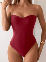 Costume Da Bagno Intero Slim Fit Senza Bretelle In Tinta Unita Per Spiaggia Estiva