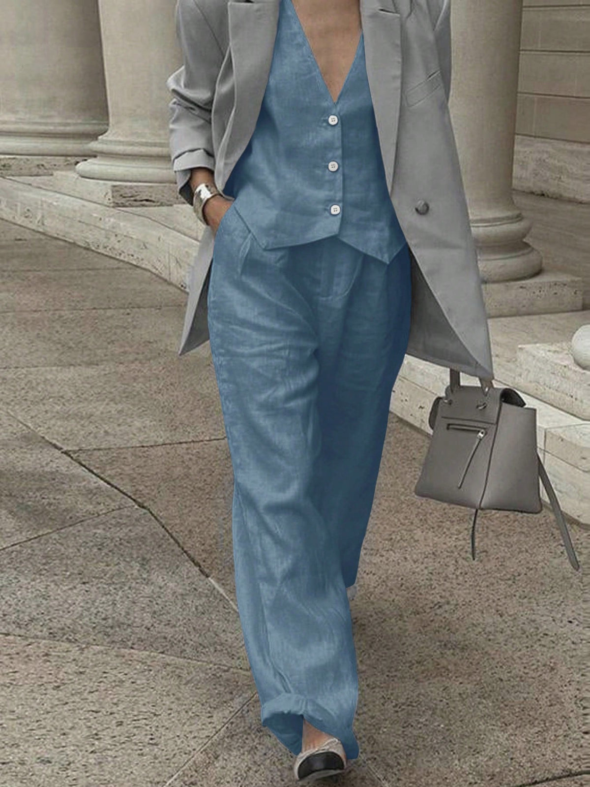 Set Due Pezzi Estivi Casual Da Donna Con Canotta Tinta Unita E Pantaloni Lunghi