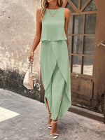 Top di stile vacanziero elegante stampato a pois per signore con pantaloni a gamba larga con spacco avanti