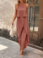 Top di stile vacanziero elegante stampato a pois per signore con pantaloni a gamba larga con spacco avanti